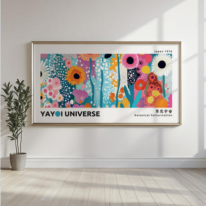 Large framed panoramic print with abstract dotted floral motifs in bold colors on a white wall
