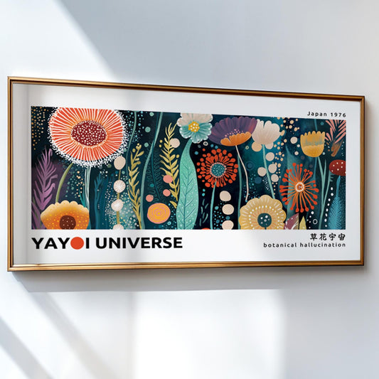 Colorful botanical exhibition artwork with abstract floral forms in a gold frame on white wall