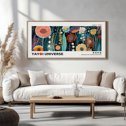 Colorful Japanese floral art print in a light wood frame displayed above a minimalist console.