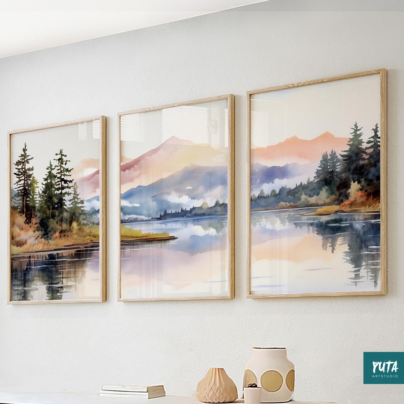 Colorful nature wall art – mountain landscape posters in minimalist Scandinavian style.