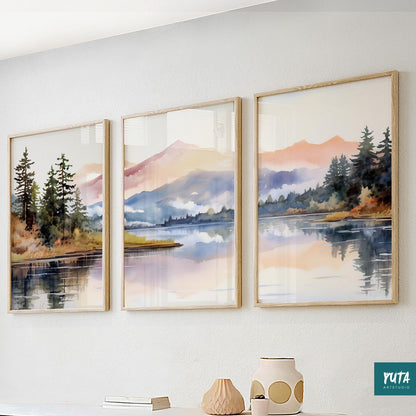 Colorful nature wall art – mountain landscape posters in minimalist Scandinavian style.