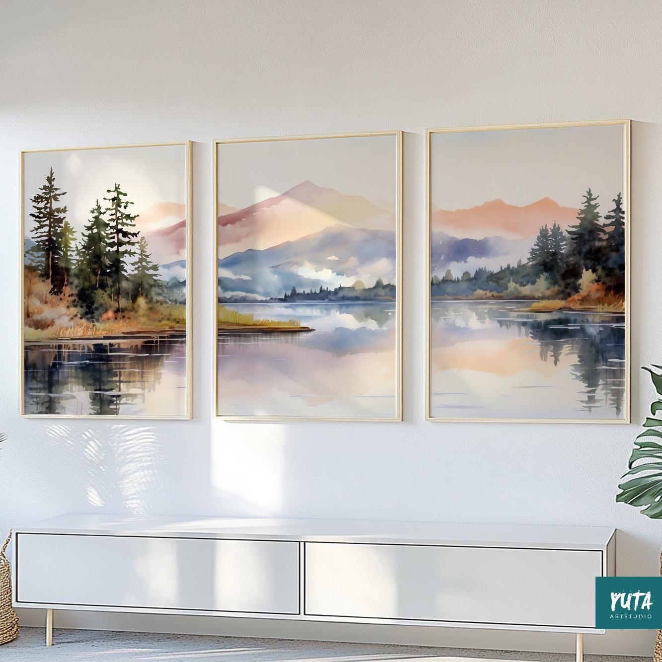 Abstract mountain prints – Nordic nature wall decor in a modern, colorful style.