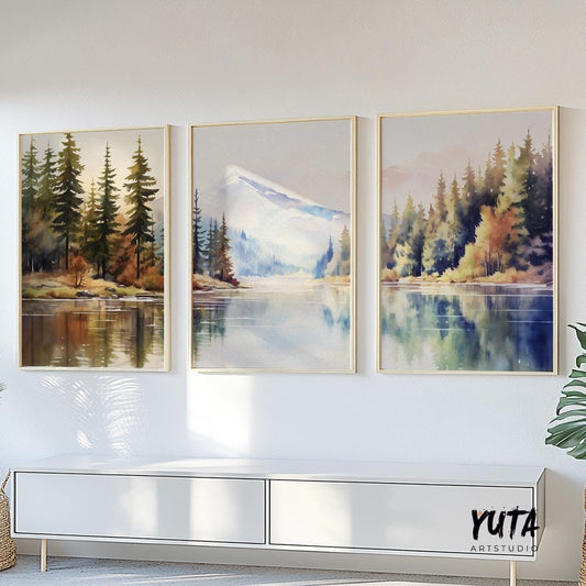 Scenic forest and mountain wall art set featuring peaceful lake reflections for Scandinavian and nature inspired interiors