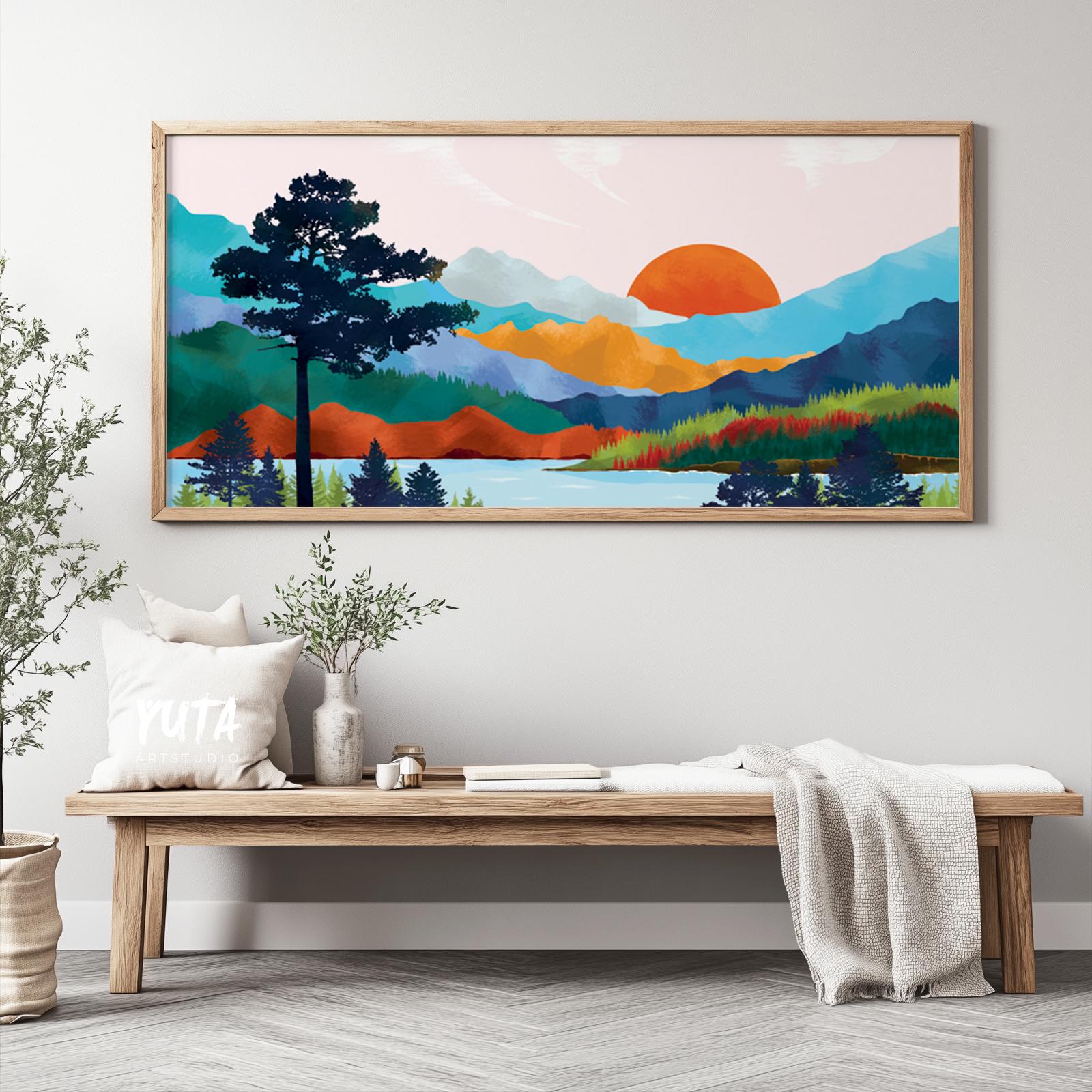 Landscape wall art featuring colorful mountains, forest silhouettes and panoramic wilderness scenery
