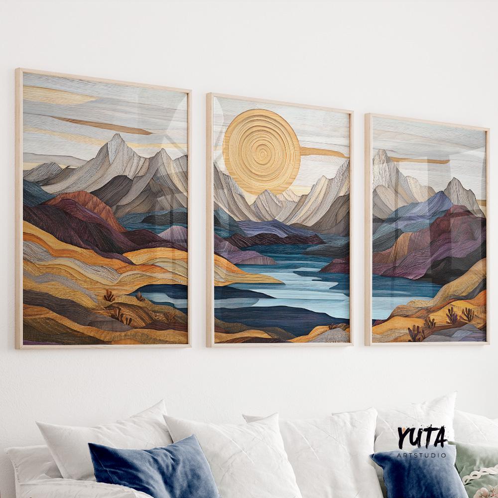 Landscape wall art featuring dramatic mountain ranges, flowing river valleys and colorful panoramic scenery