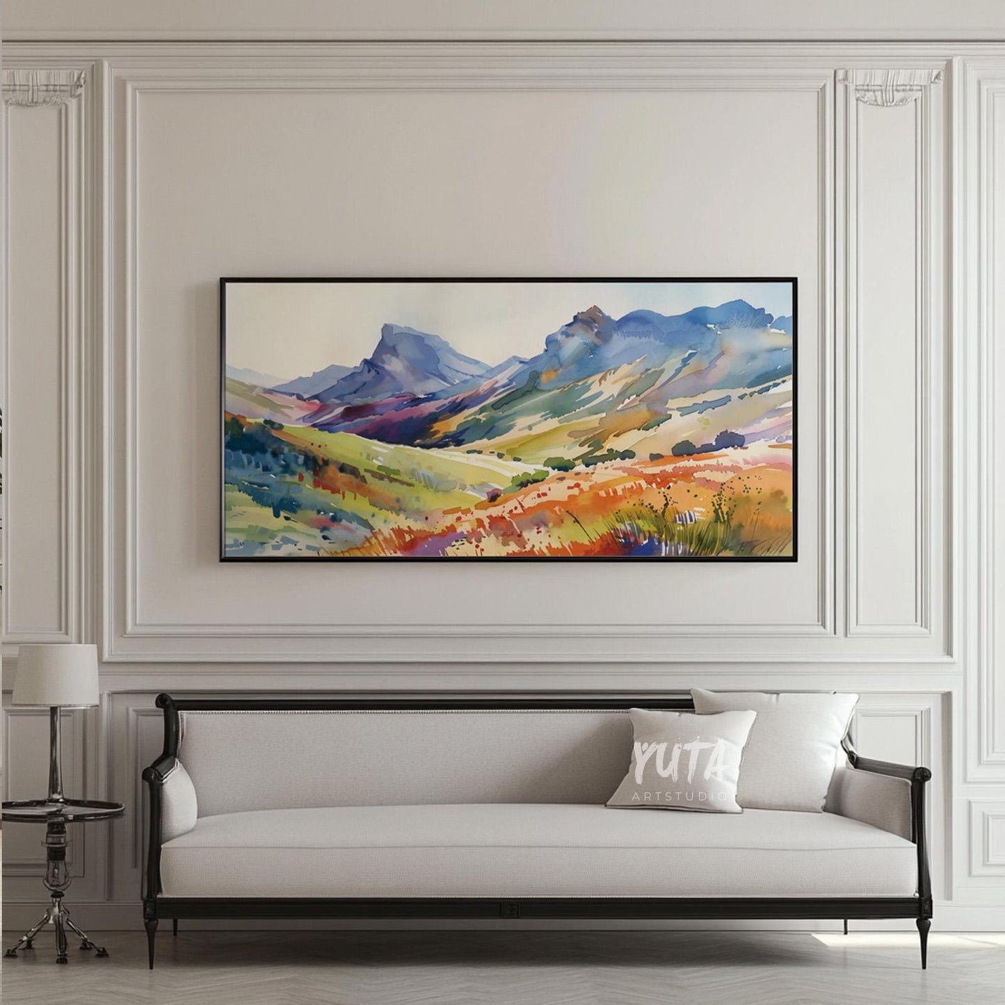 Landscape wall art featuring watercolor mountain ranges, colorful fields and dramatic natural scenery