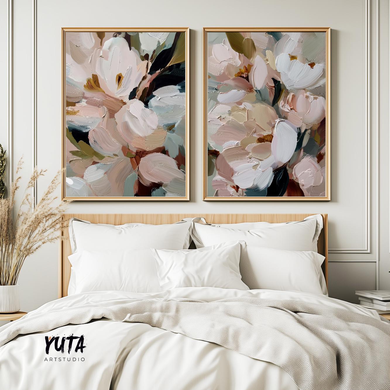 Large abstract flower art diptych with soft botanical forms, thick paint texture and elegant modern styling