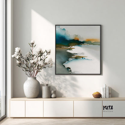 Modern abstract artwork featuring horizontal landscape forms and soft watercolor blending