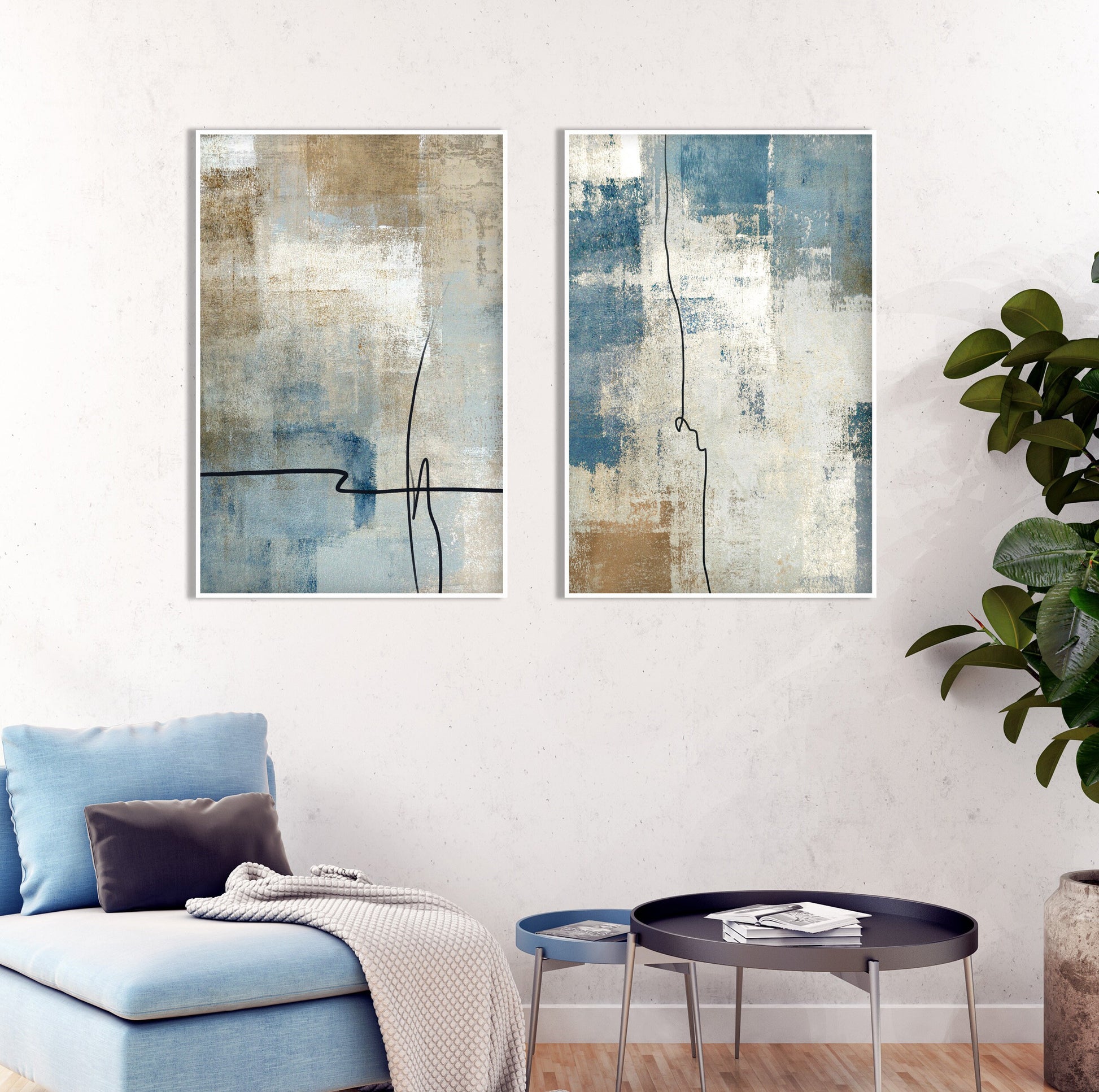 Large abstract wall art set featuring soft blue textures, neutral tones and contemporary minimalist design