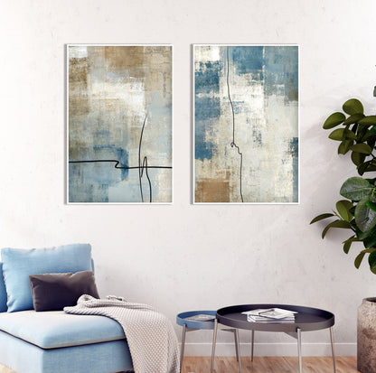Large abstract wall art set featuring soft blue textures, neutral tones and contemporary minimalist design