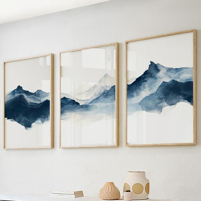 Navy blue abstract mountain set of 3 prints. Modern minimalist landscape gallery wall set.  Nature 3 piece wall art, blue nordic print