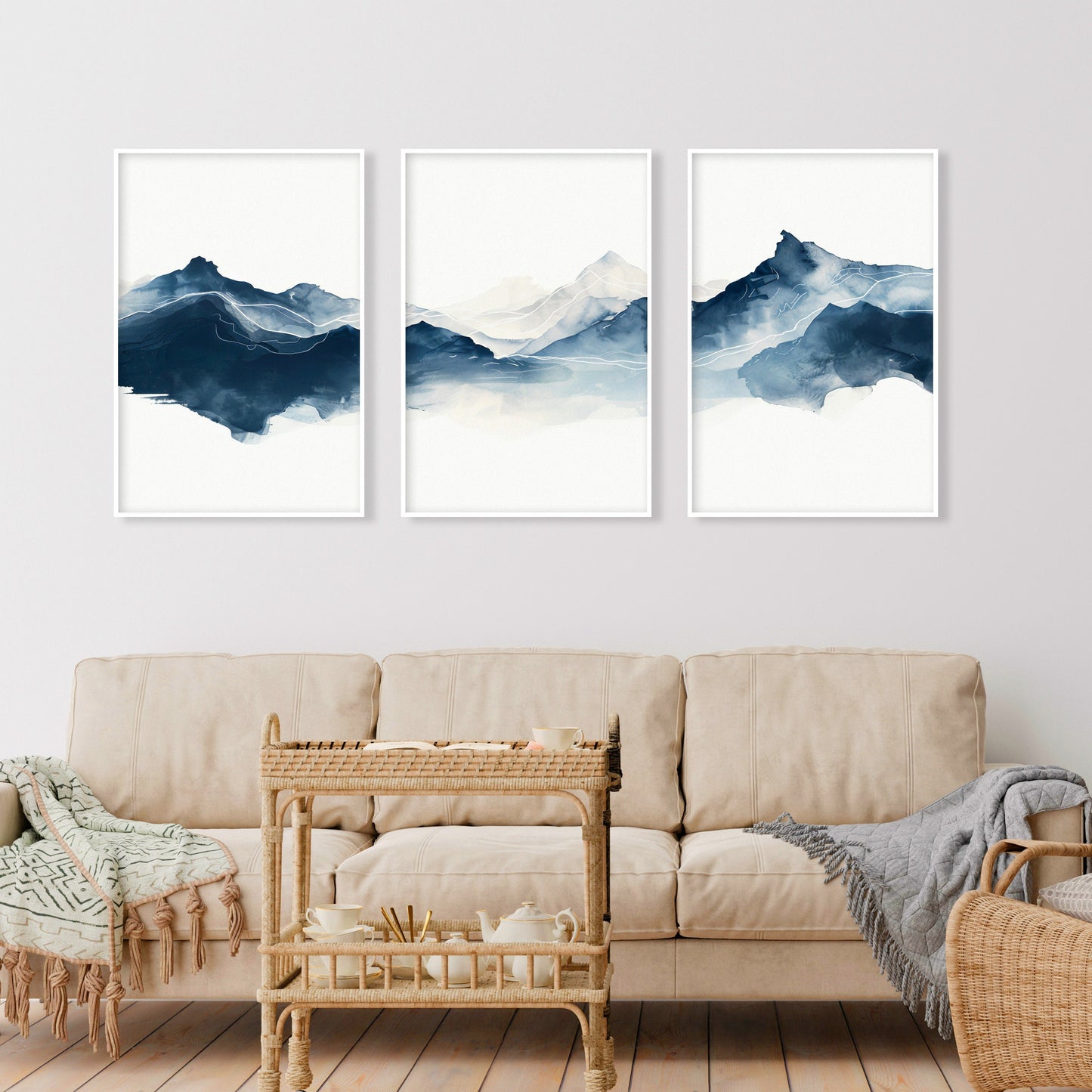 Navy blue abstract mountain set of 3 prints. Modern minimalist landscape gallery wall set.  Nature 3 piece wall art, blue nordic print