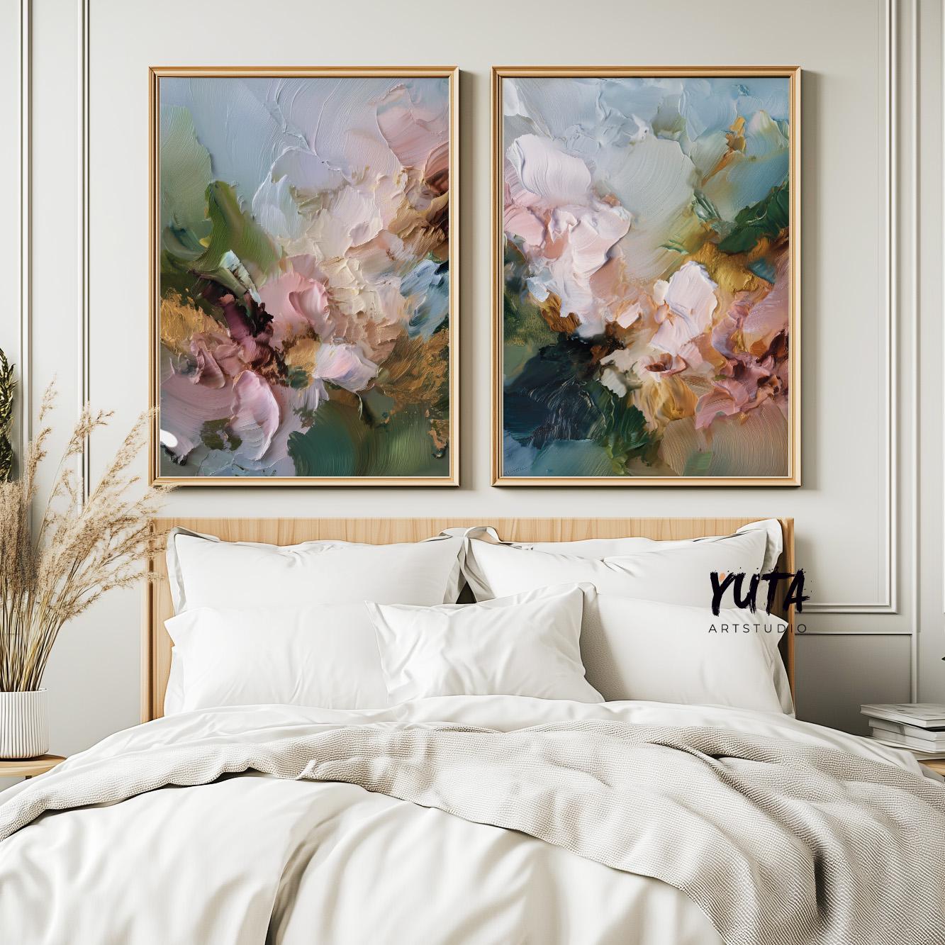 Large floral wall art set with expressive white blooms, layered brushstrokes and modern painterly style