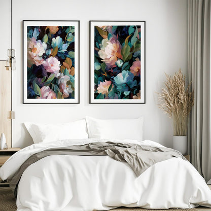 Large flower wall art set showcasing abstract blooms, textured brushwork and elegant modern styling