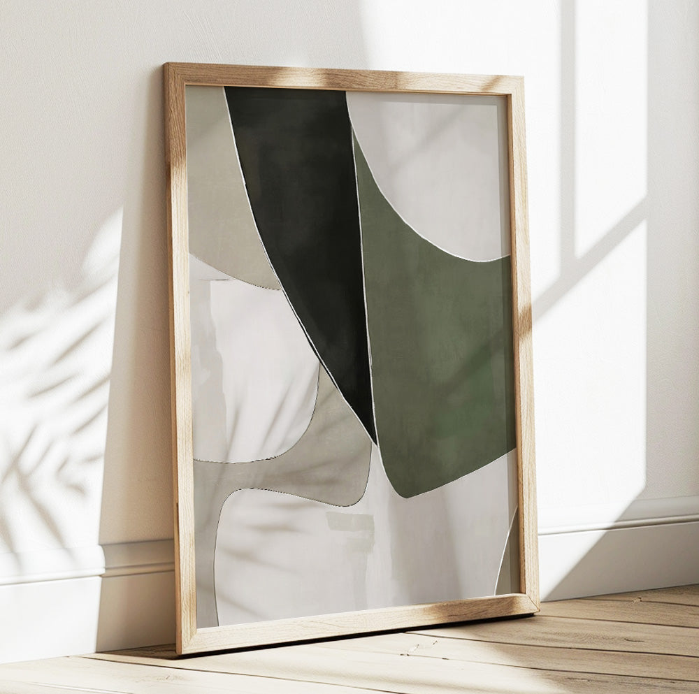 Large green abstract wall art set of 3 for a modern living room or minimalist interior.