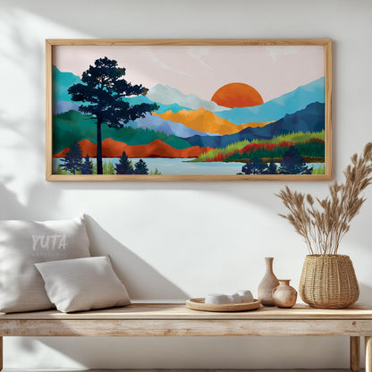 Large mountain landscape art featuring vibrant wilderness scenery, alpine lake and colorful horizon