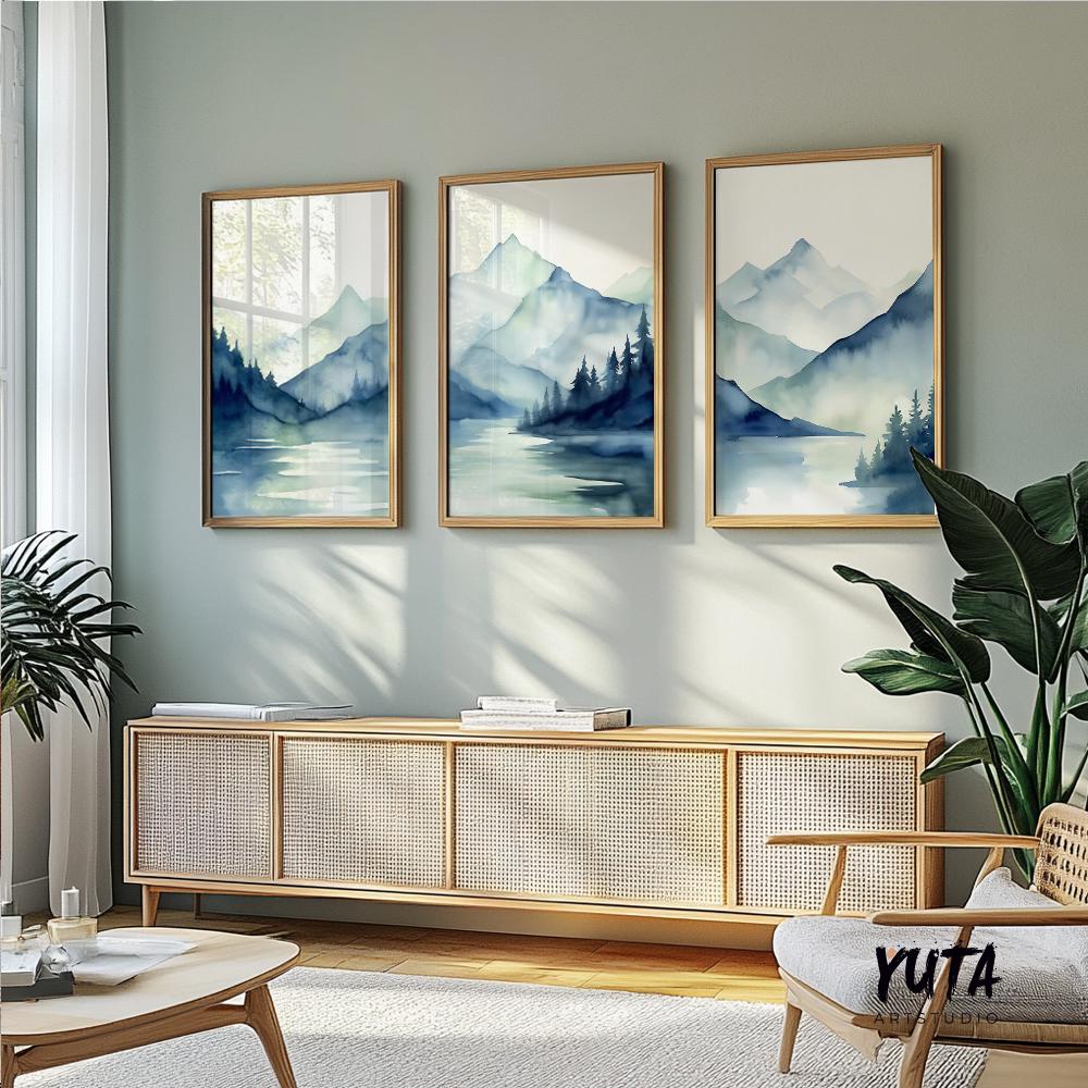 Navy blue mountains set of 3 prints. Modern minimalist mountain landscape gallery wall set.  Nature 3 piece wall art, nordic abstract print