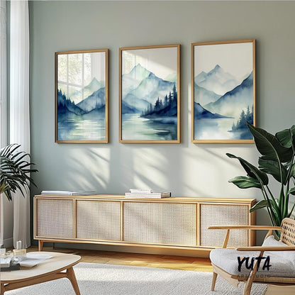 Navy blue mountains set of 3 prints. Modern minimalist mountain landscape gallery wall set.  Nature 3 piece wall art, nordic abstract print