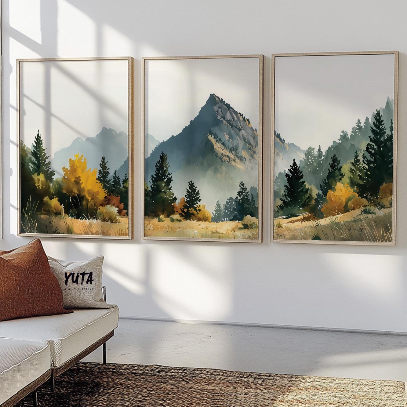 Large mountain wall art showcasing scenic mountain ranges, forest valleys and atmospheric mist