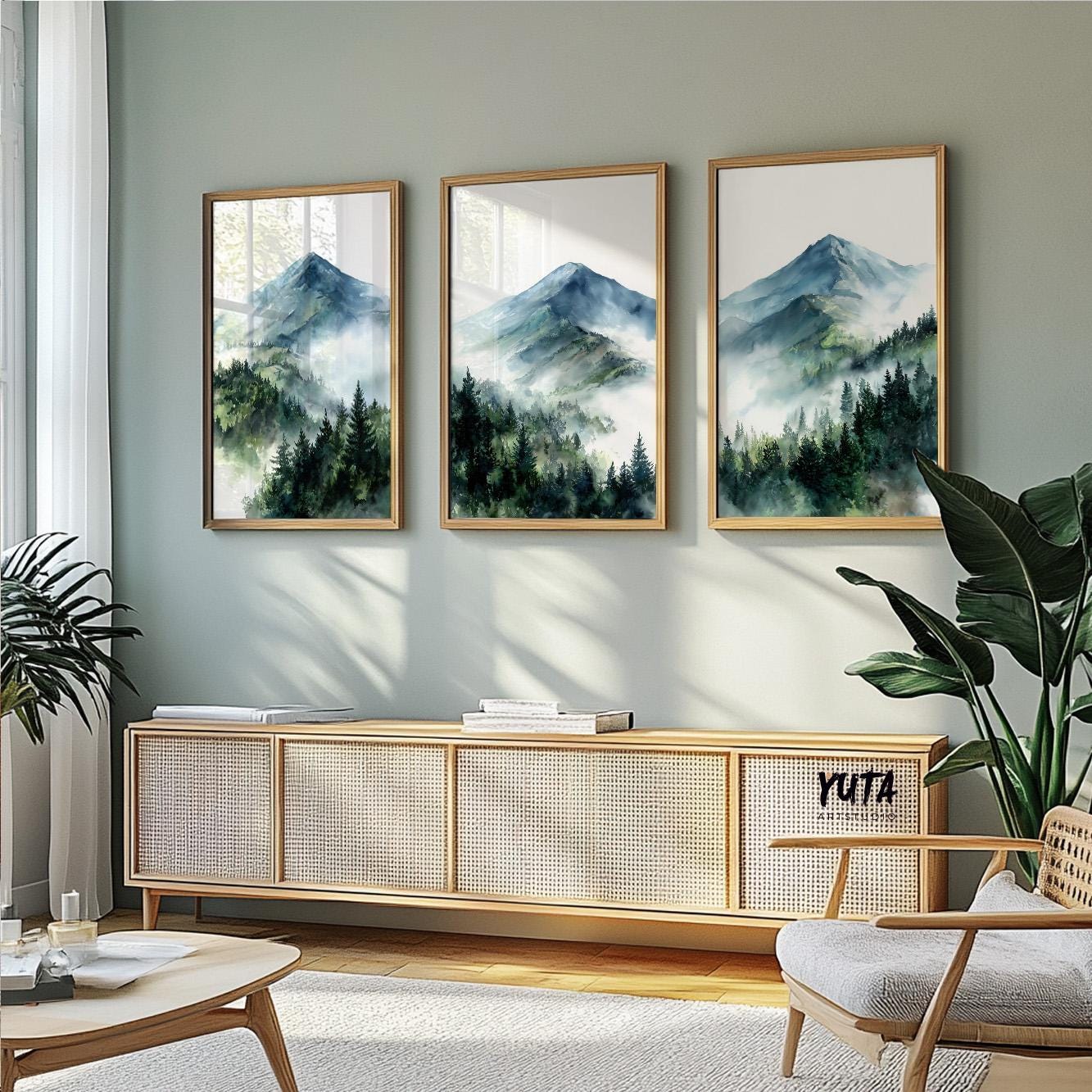 Large mountain wall art showcasing watercolor alpine peaks and peaceful forest landscapes
