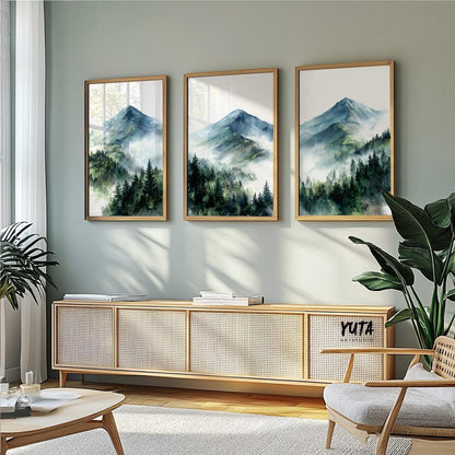 Large mountain wall art showcasing watercolor alpine peaks and peaceful forest landscapes