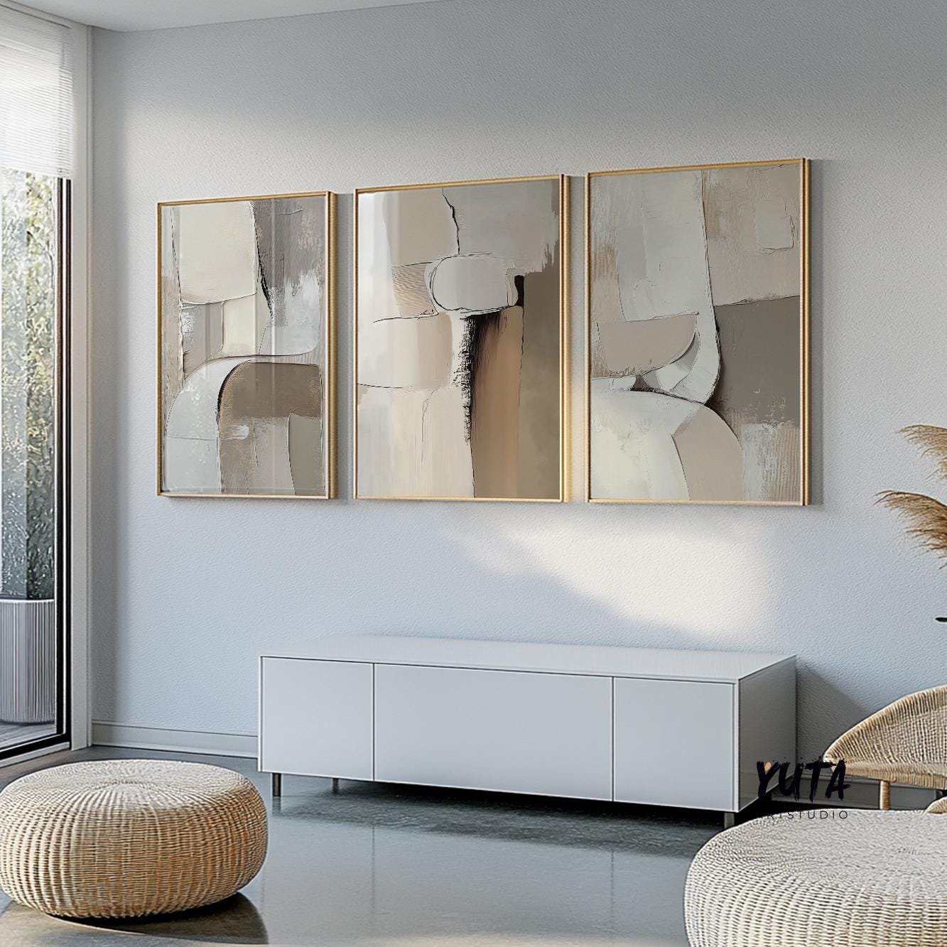 Large neutral abstract wall art showcasing textured beige compositions and sophisticated minimalist styling