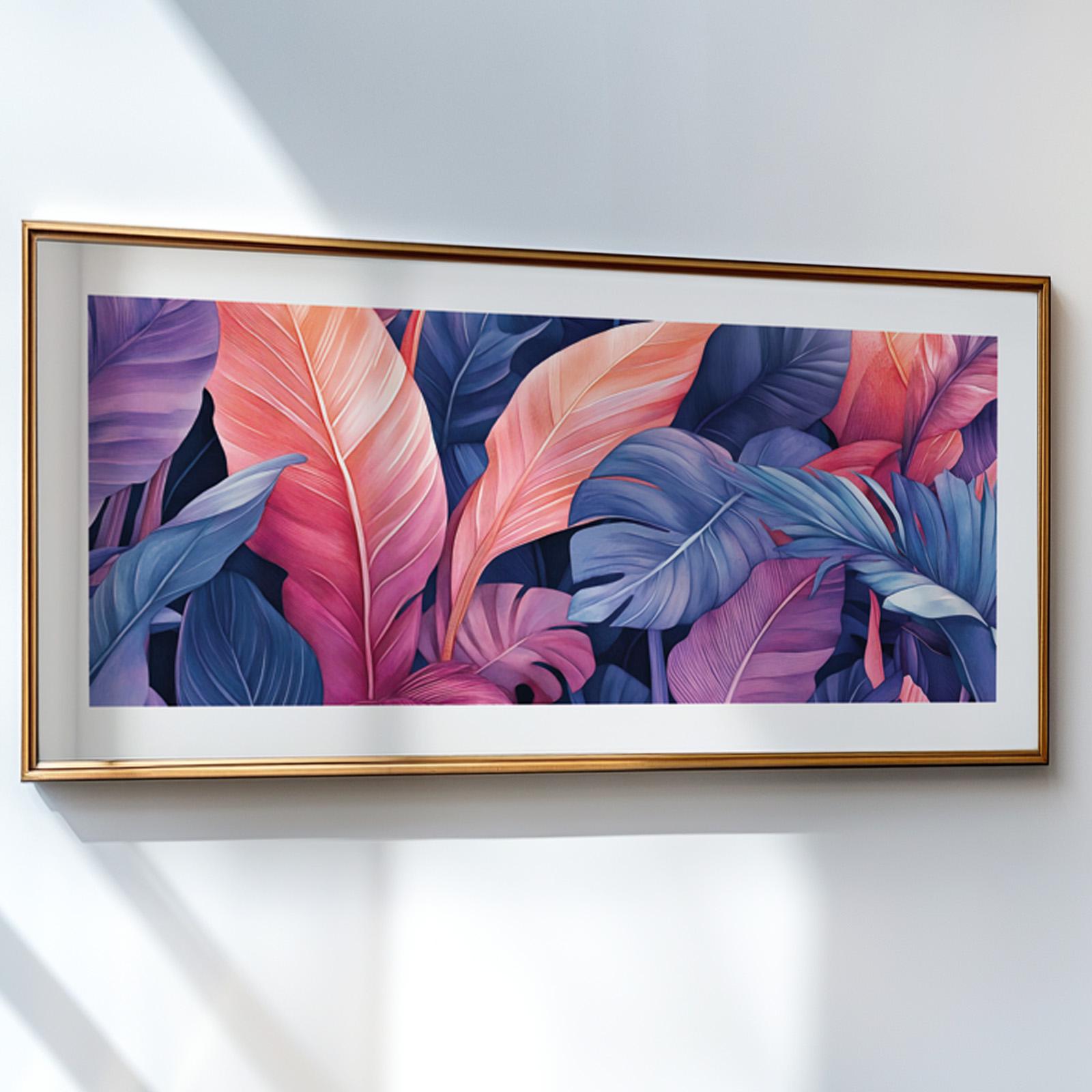Large tropical wall art featuring layered palm leaves and colorful botanical foliage in modern tropical style