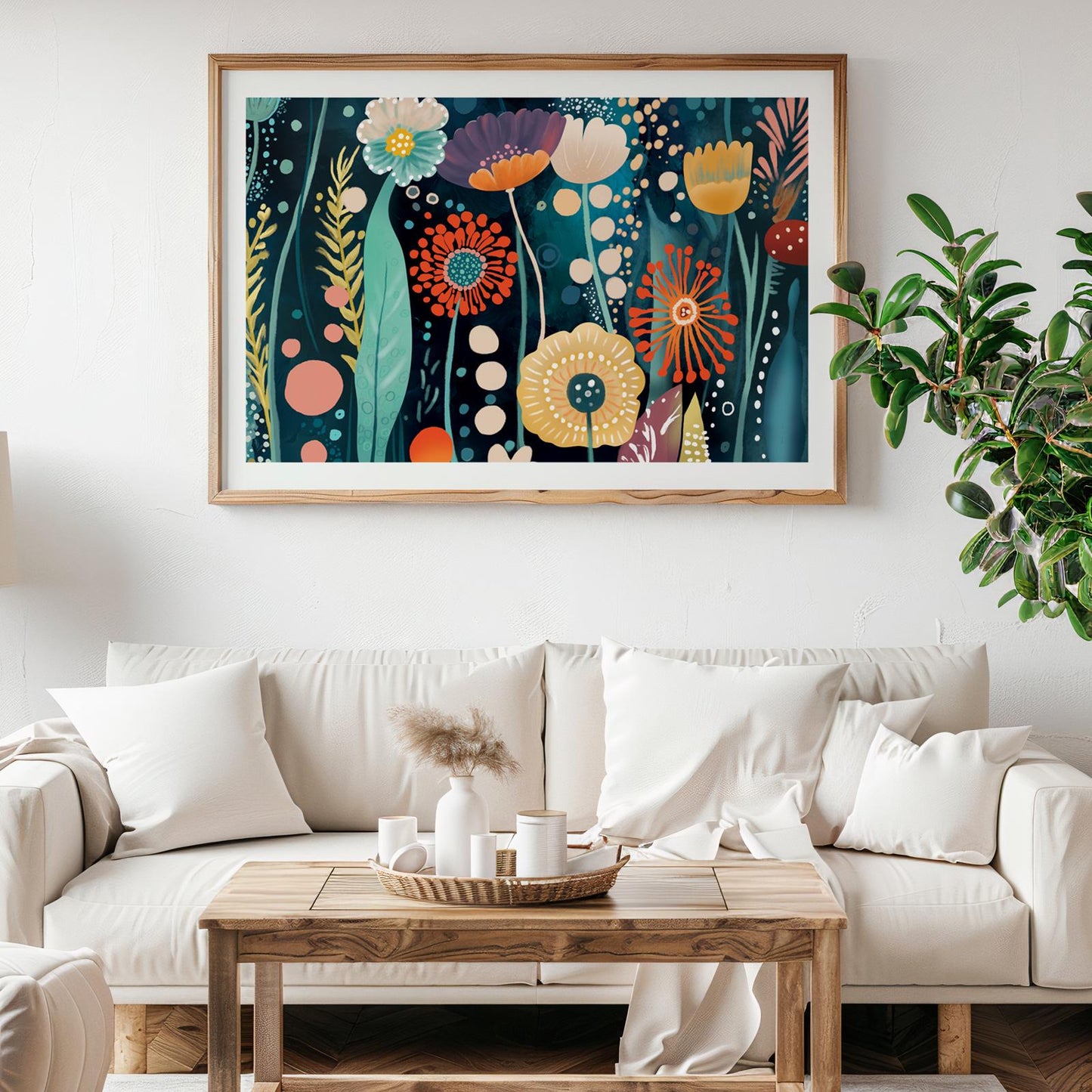 Colorful abstract floral artwork in a natural wood frame mounted above a cream sofa
