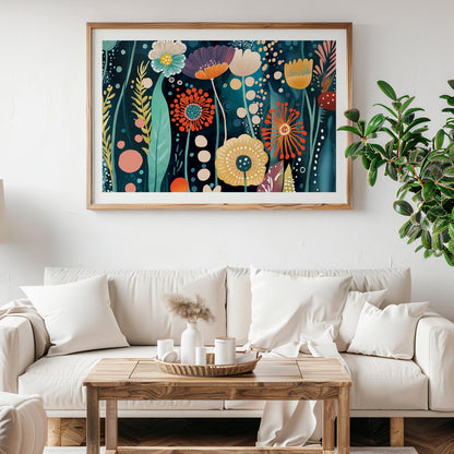 Colorful abstract floral artwork in a natural wood frame mounted above a cream sofa