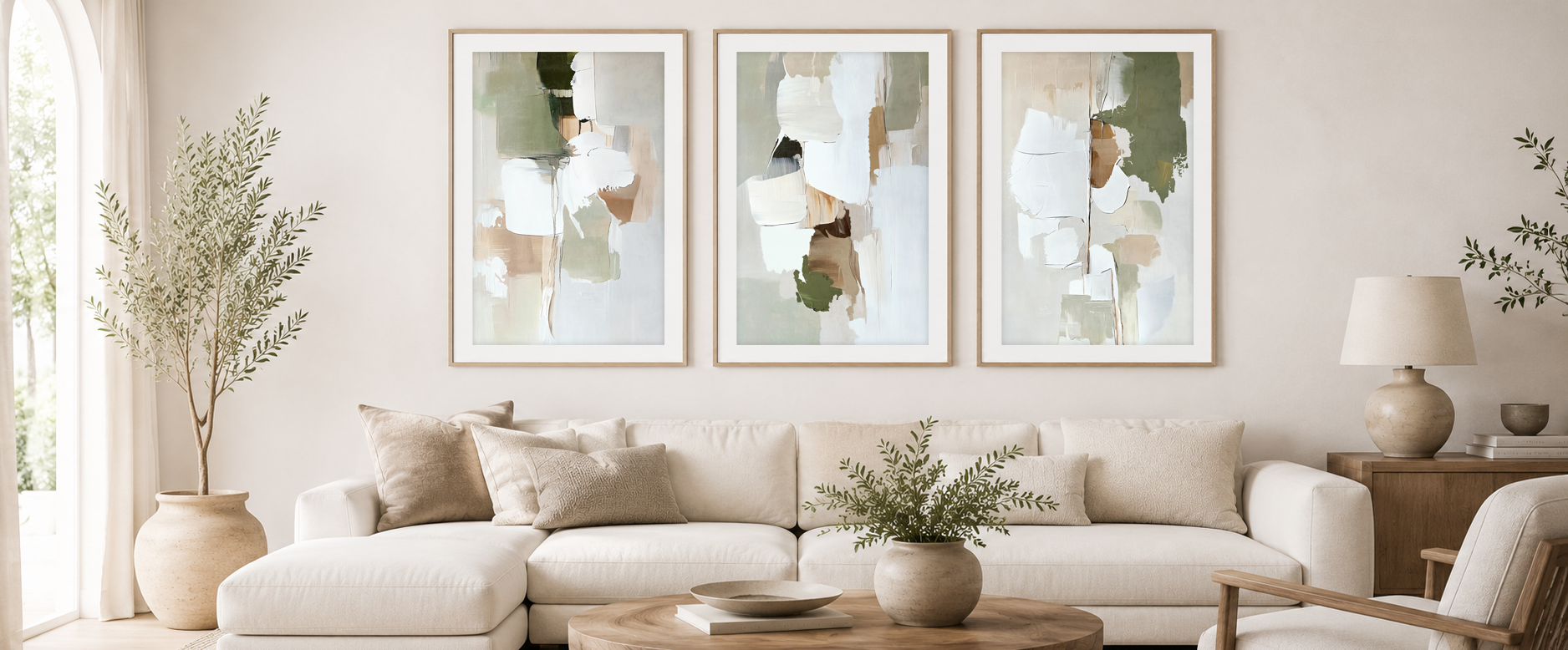Neutral modern living room featuring three empty gallery wall frames above a sofa, ideal for showcasing living room wall art print sets.