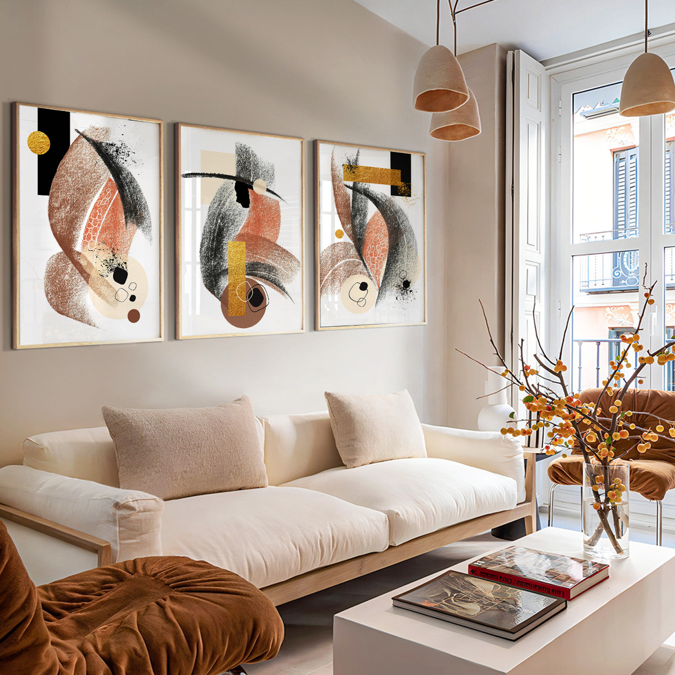 Contemporary abstract gallery wall featuring layered geometric compositions in warm neutral tones