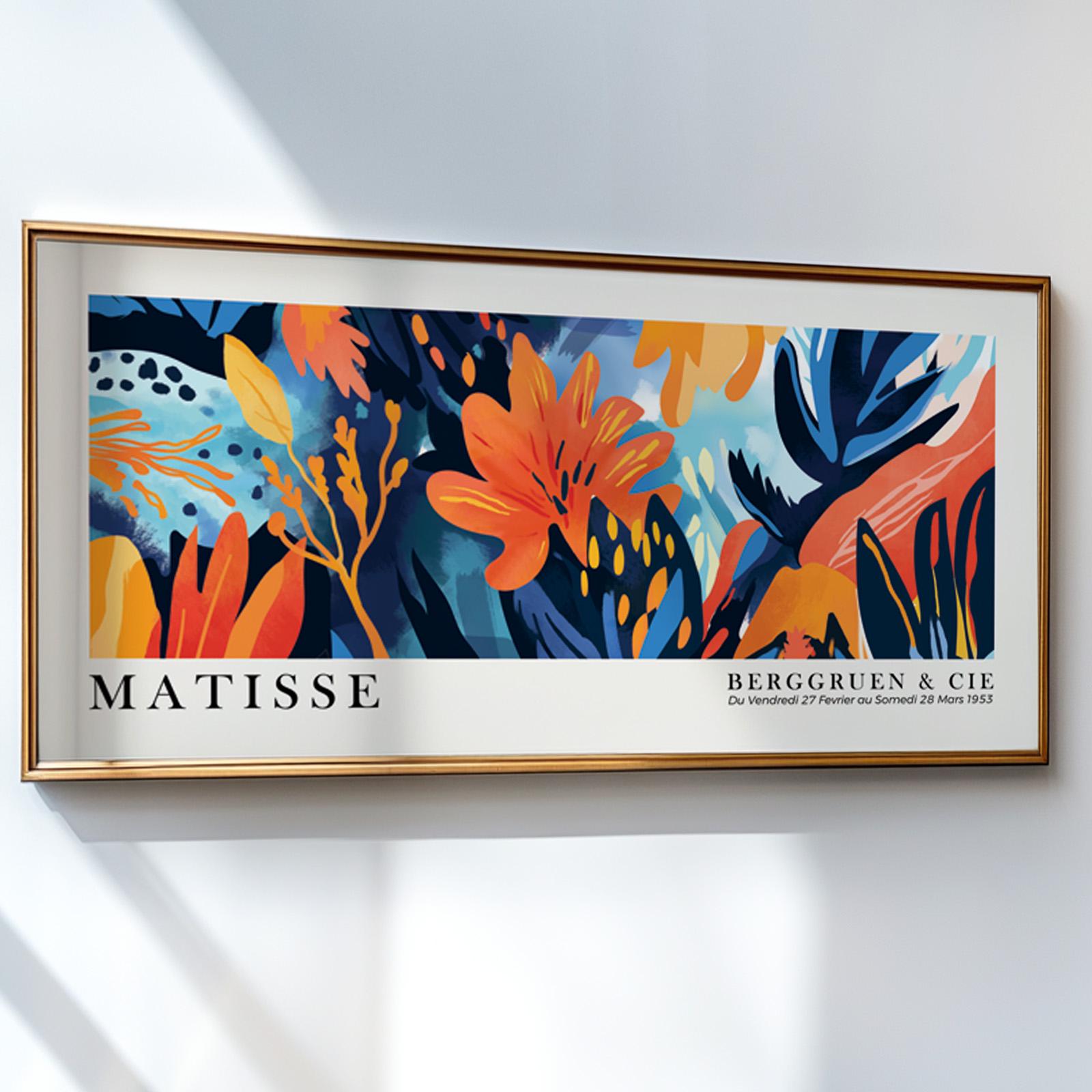 Vivid abstract floral artwork in a gold frame, horizontal composition on white wall