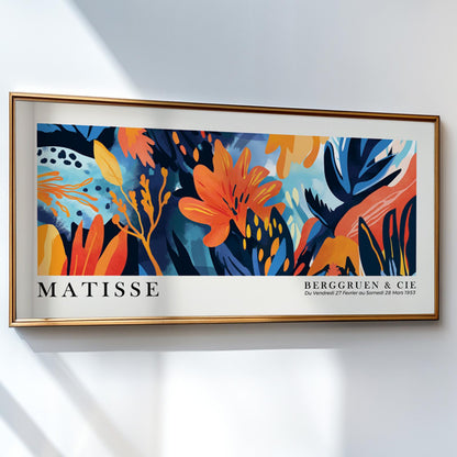 Vivid abstract floral artwork in a gold frame, horizontal composition on white wall