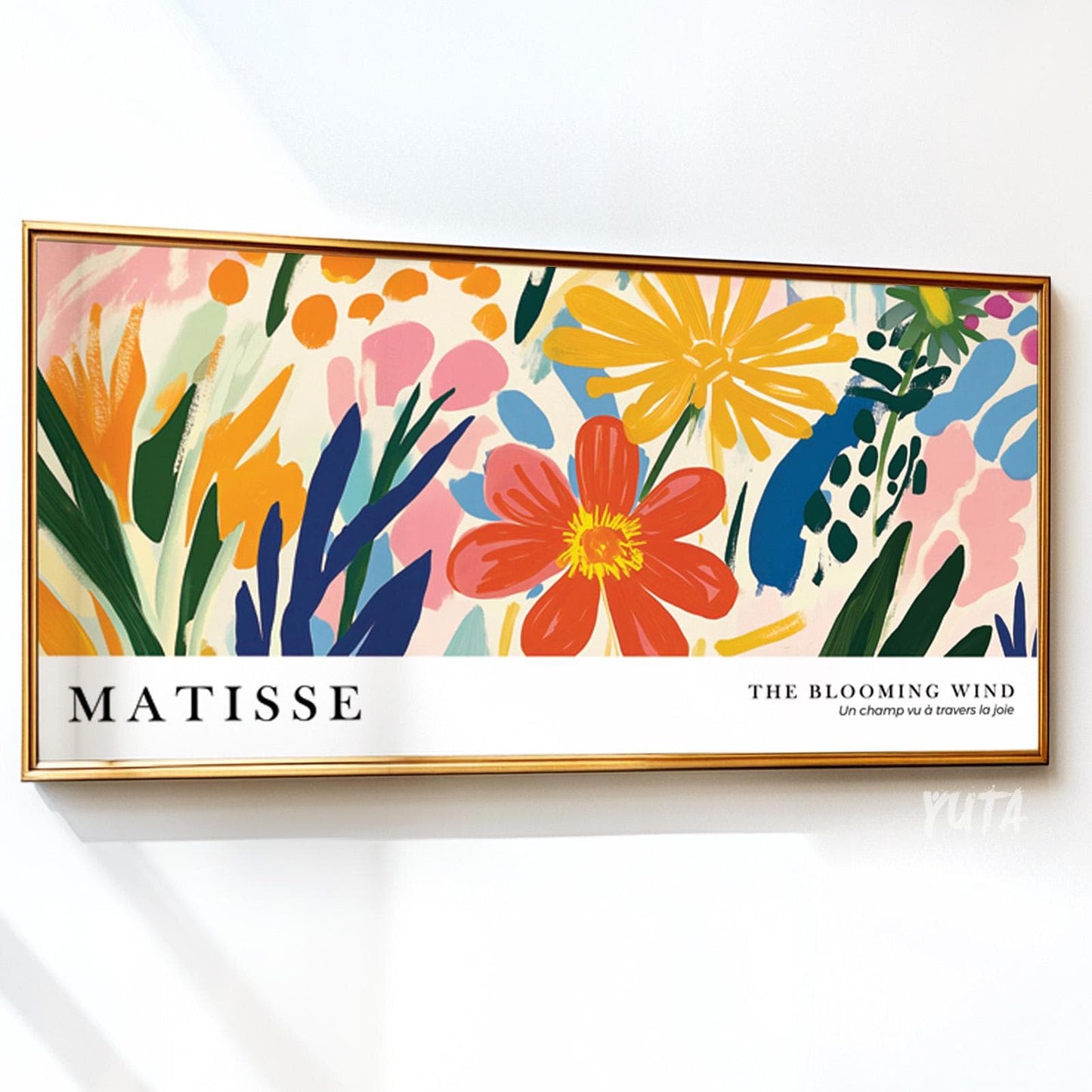 Framed Matisse-style floral print with visible horizontal poster proportions on white wall