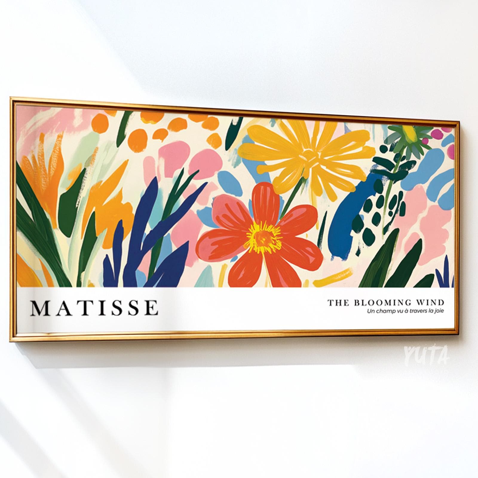 Framed Matisse-style floral print with visible horizontal poster proportions on white wall