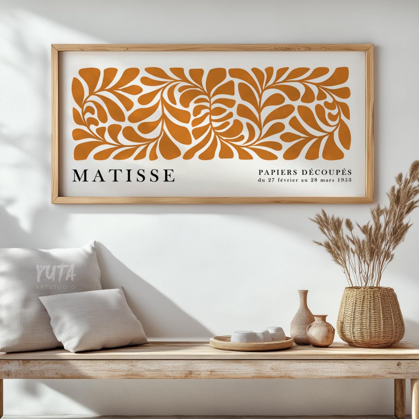 Matisse floral wall art featuring abstract flower and leaf shapes in warm orange tones
