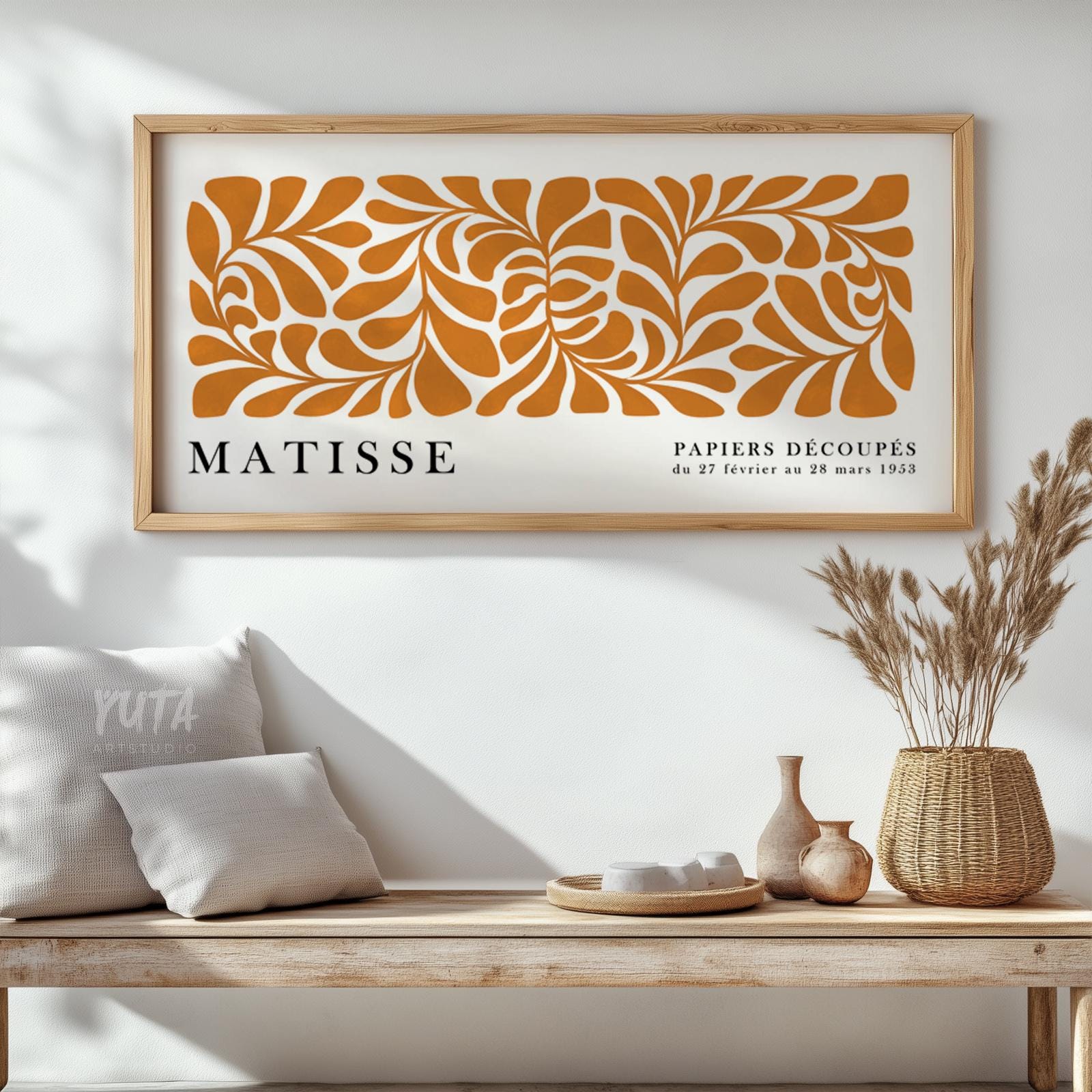 Matisse floral wall art featuring abstract flower and leaf shapes in warm orange tones