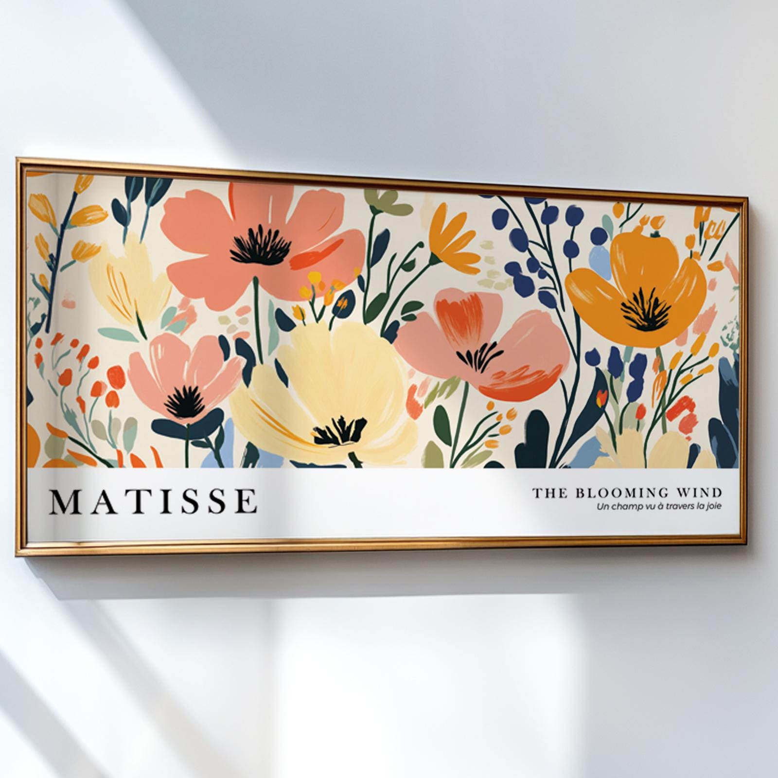 Bold floral artwork in Matisse-inspired style, poster framed in light wood, single piece.