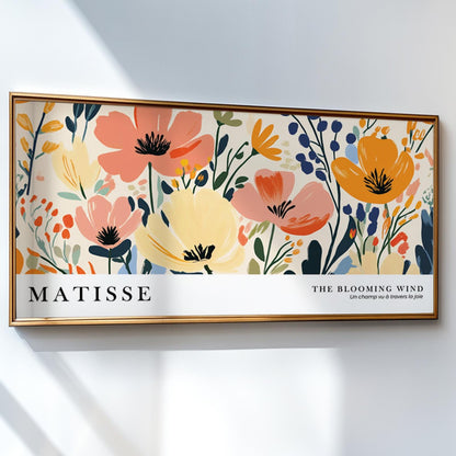 Bold floral artwork in Matisse-inspired style, poster framed in light wood, single piece.