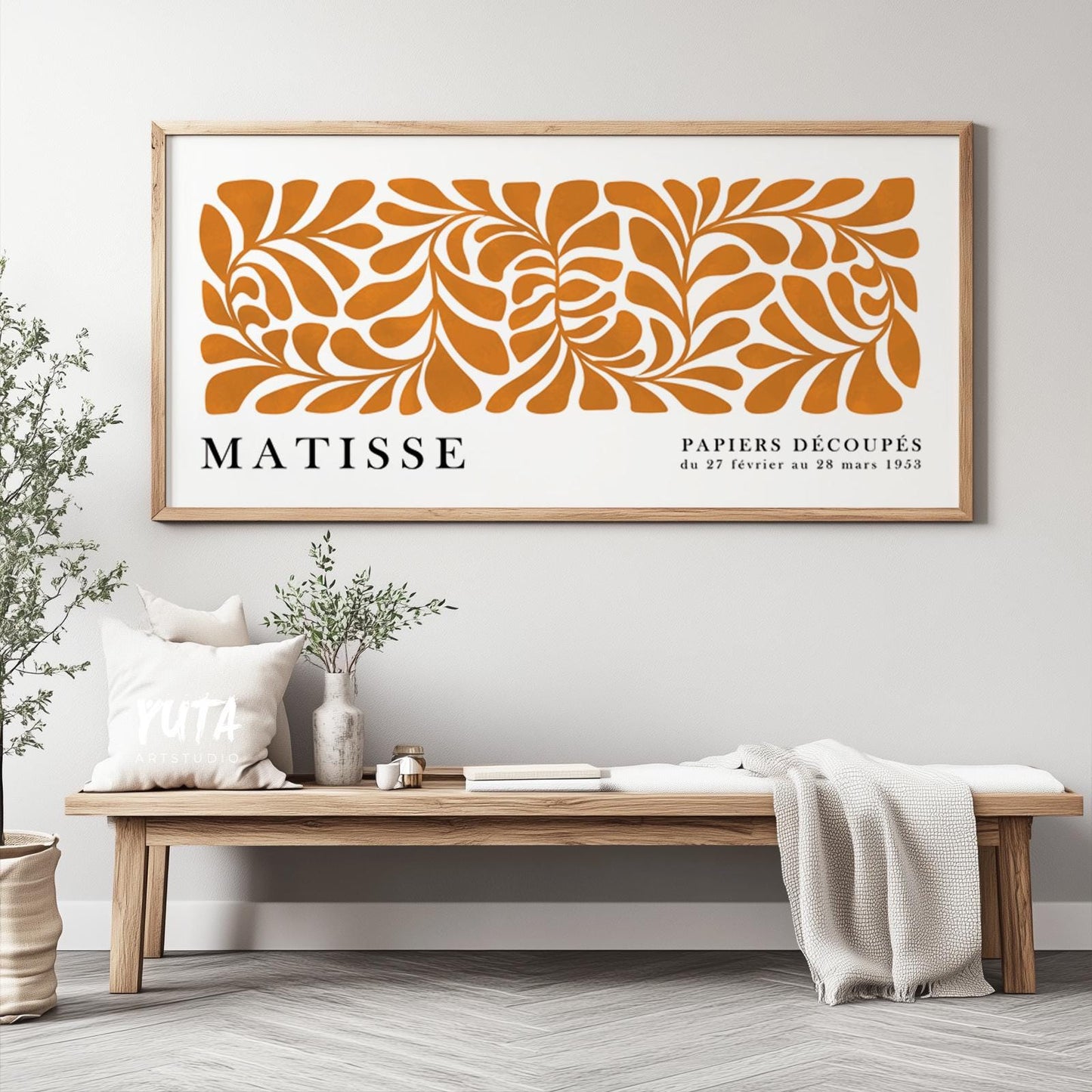 Matisse poster showcasing orange botanical motifs, organic leaf forms and iconic paper cutout inspired artwork