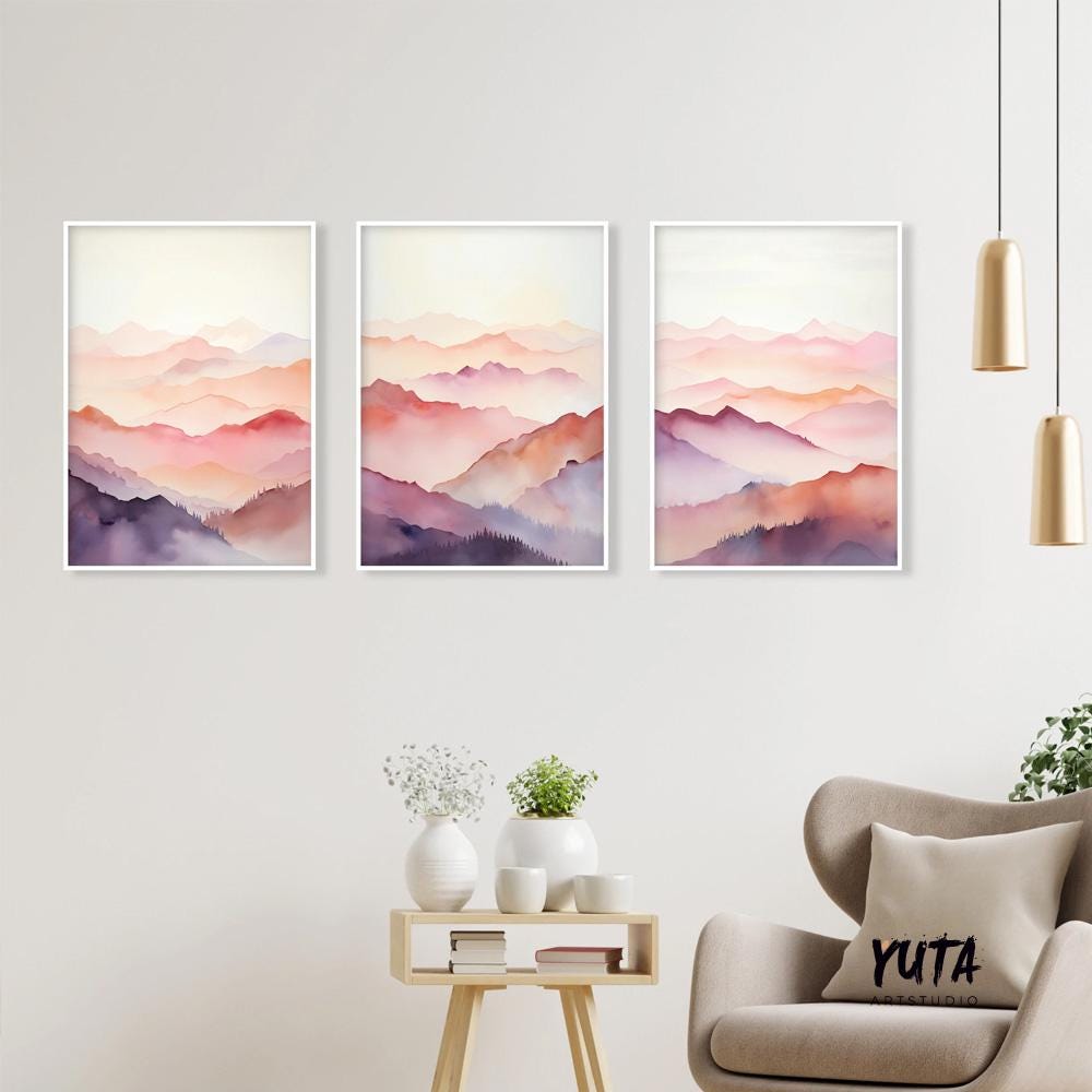 Set of 3 pink purple abstract mountain prints. Colorful mountain landscape painting, minimalist abstract wall art prints, preppy room decor