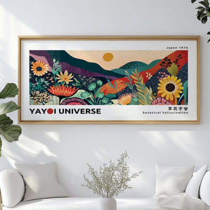 Colorful botanical landscape artwork in a light wood frame, centered above a white sofa