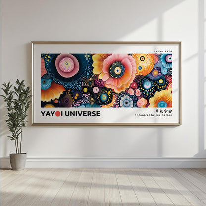 Large framed abstract floral print with vibrant dotted blossoms styled above a console.