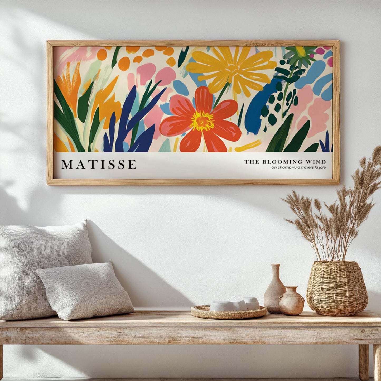 Maximalist floral wall art showcasing bright flowers, lush foliage and vibrant artistic composition