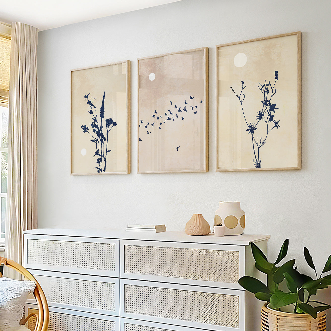 Organic Modern gallery wall featuring wildflower artwork inspired by peaceful natural landscapes