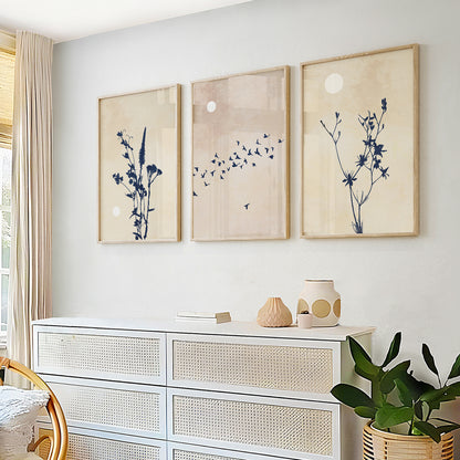 Organic Modern gallery wall featuring wildflower artwork inspired by peaceful natural landscapes