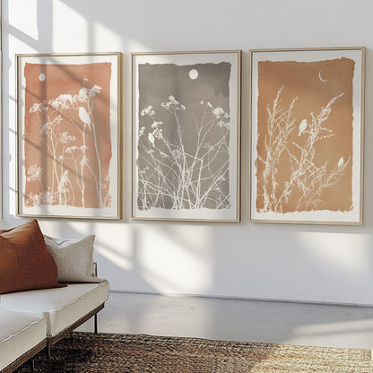 Neutral botanical artwork featuring delicate wildflowers and birds for modern interiors