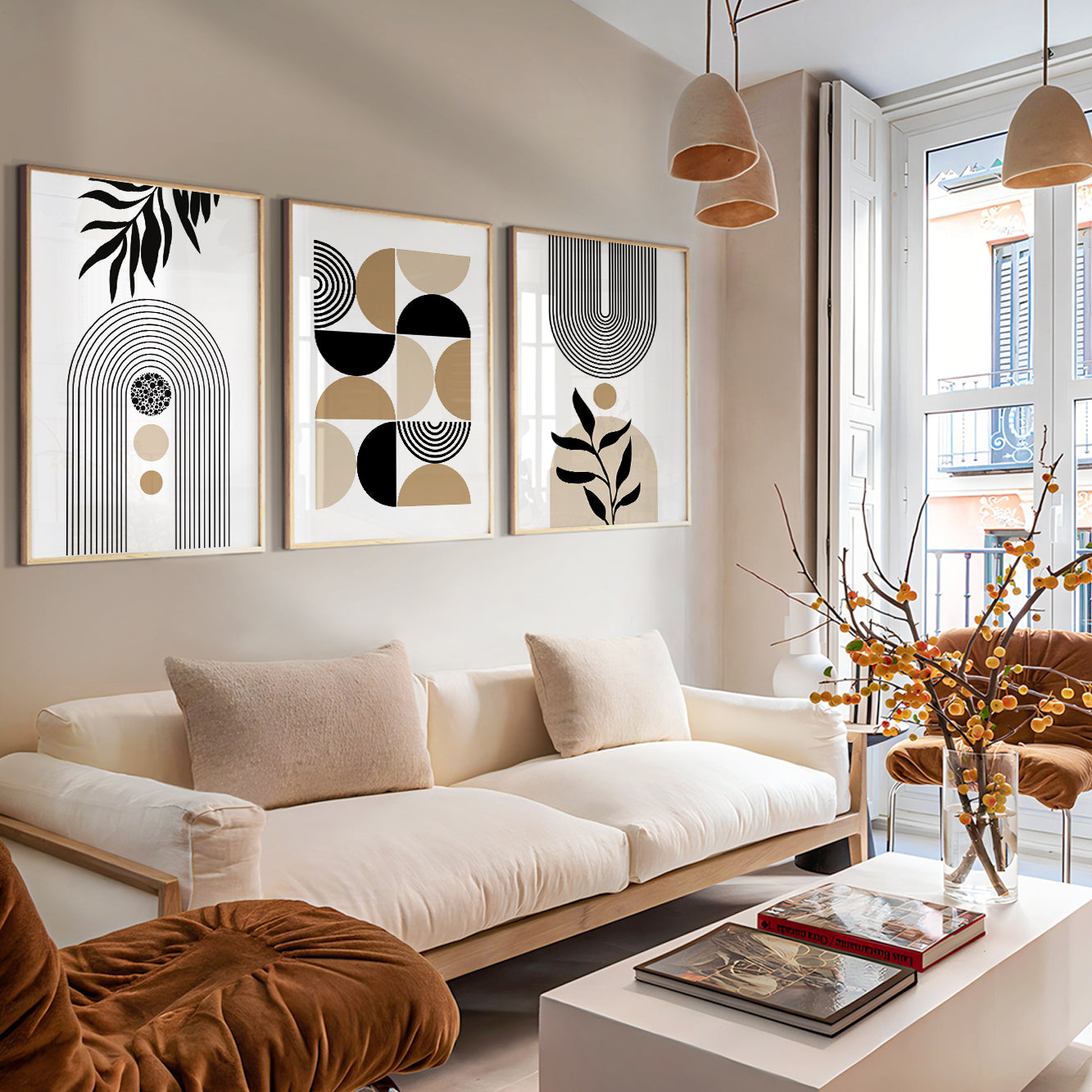 Mid-Century abstract wall art with geometric circles, arches, and warm neutral colors