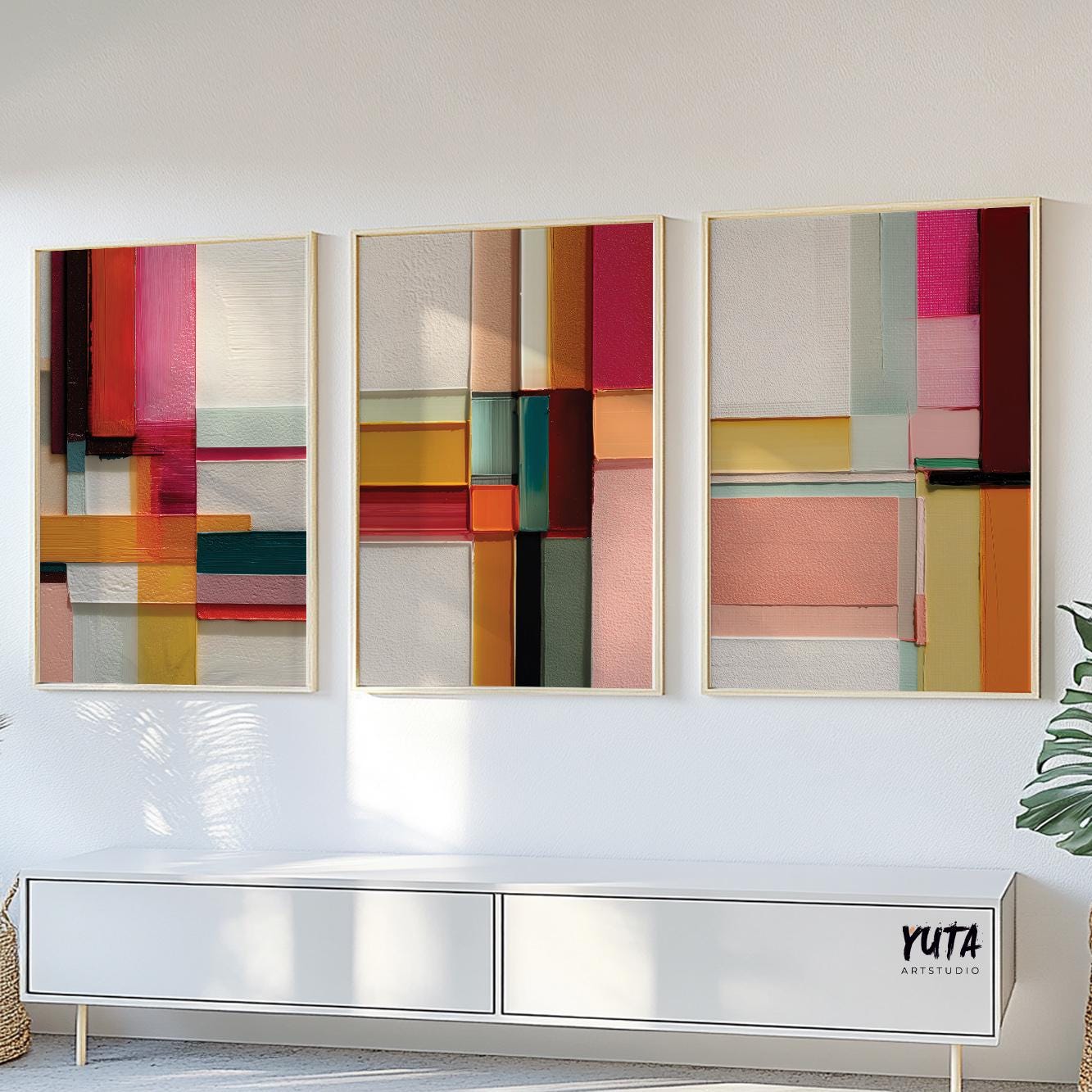 Mid century modern abstract wall art showcasing colorful geometric panels and contemporary decorative styling