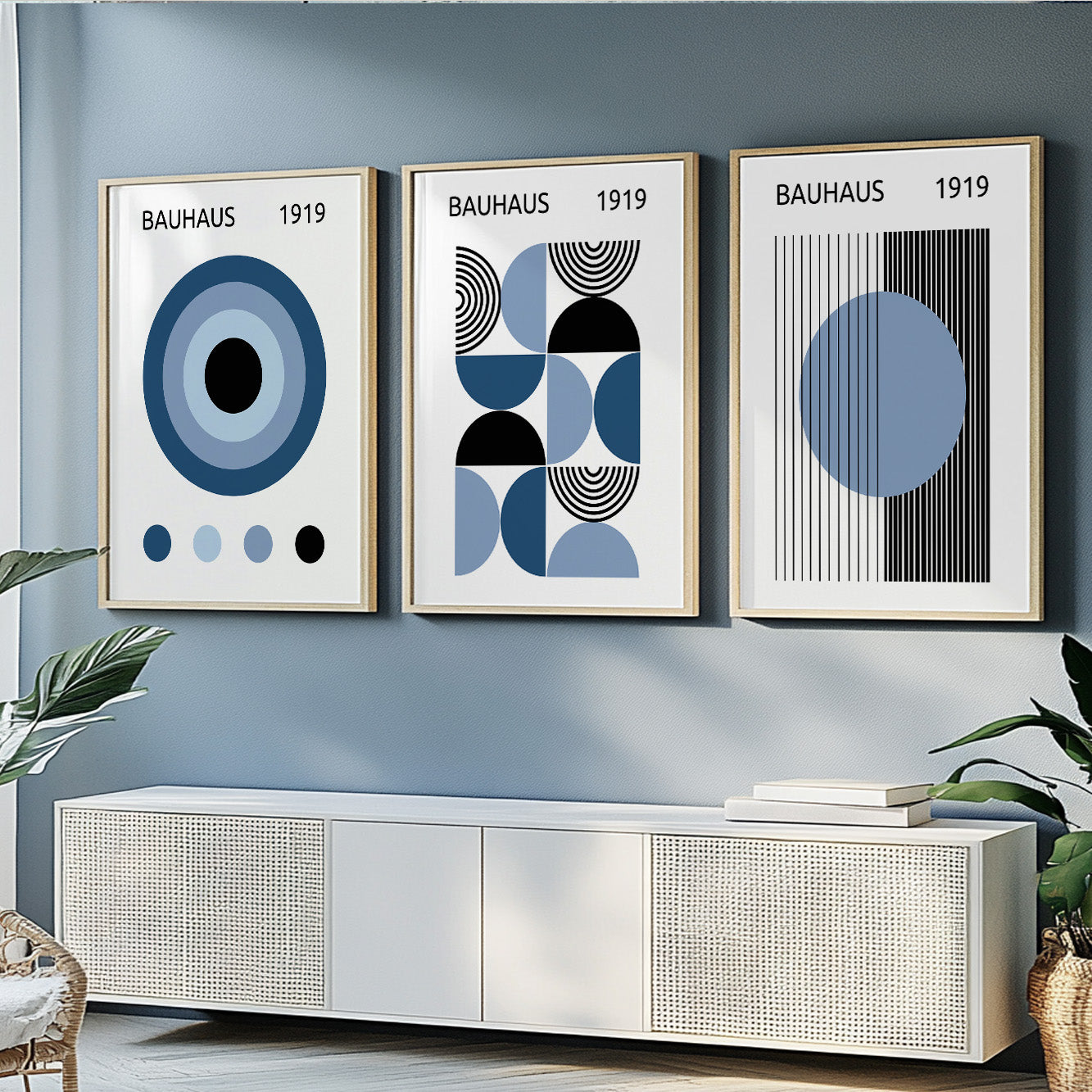 Scandinavian Bauhaus poster set in blue, black, and white